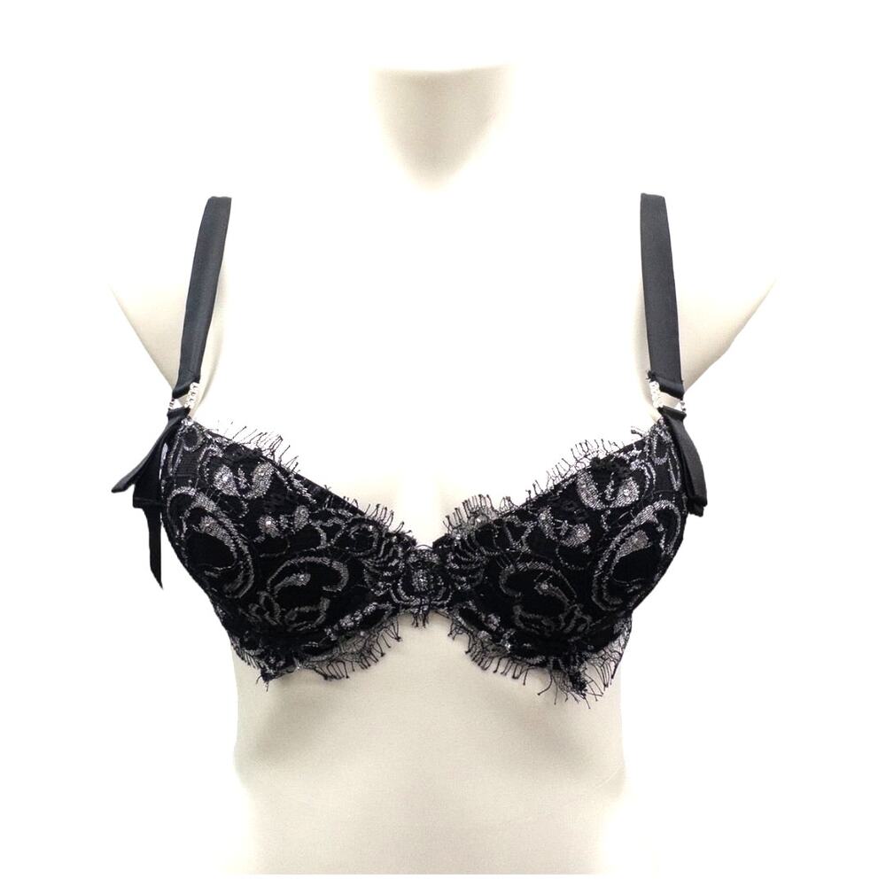 Pleasure State Couture Push-Up Bra Women's 34B Black Silver Lace Rhinestone NWOT